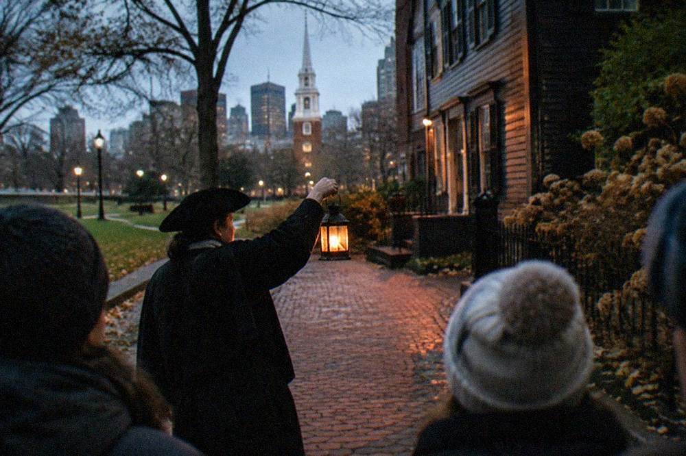 A guide holding a lantern leading a small group of visitors along a dark Boston sidewalk past old brick buildings