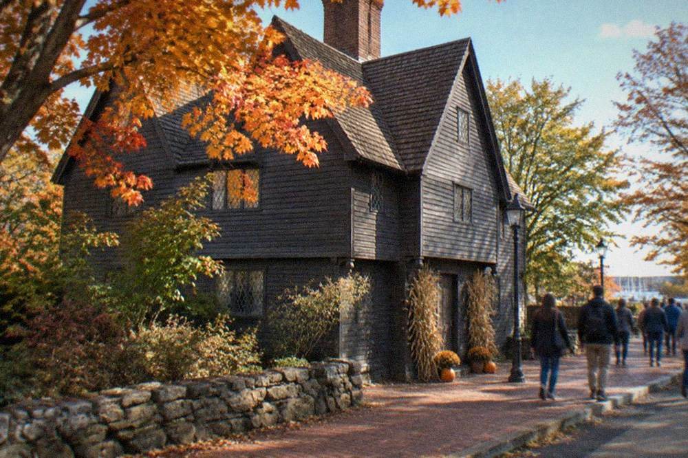 Historic timber-framed Witch House exterior with autumn decorations and visitors on the sidewalk