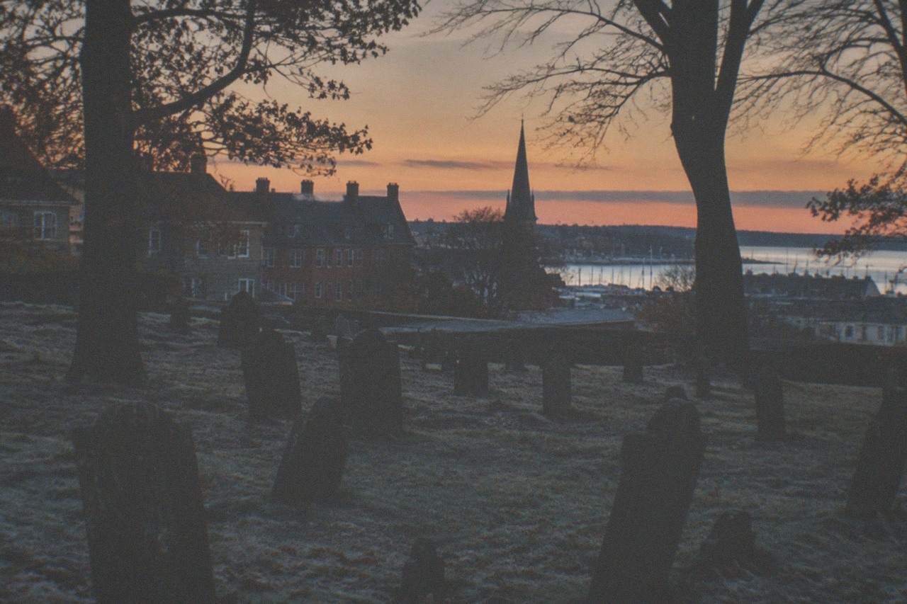 Weathered gravestones tilting among trees in an old New England burying ground at dusk