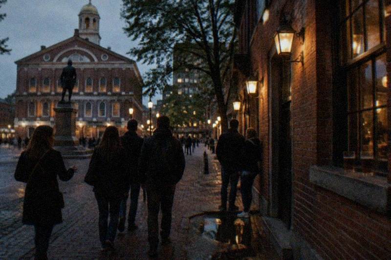 A guide leading a pub crawl group to a lamplit historic tavern door in the North End