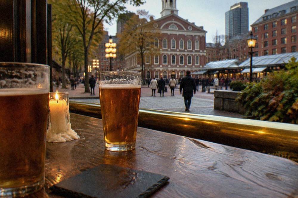 Two glasses of beer resting on a weathered wooden pub table