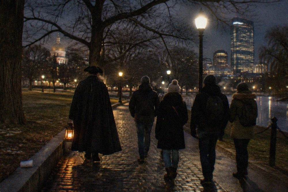 A costumed guide leading a small group of tourists down a lamplit cobblestone street at night.
