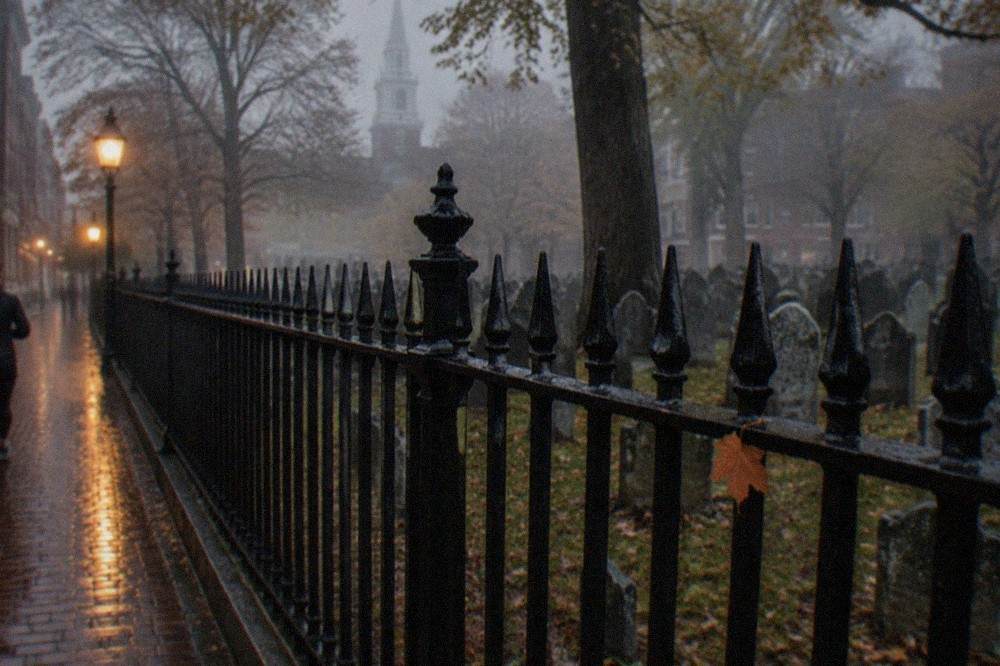 A historic Boston burying ground at dusk with slate gravestones and an iron fence