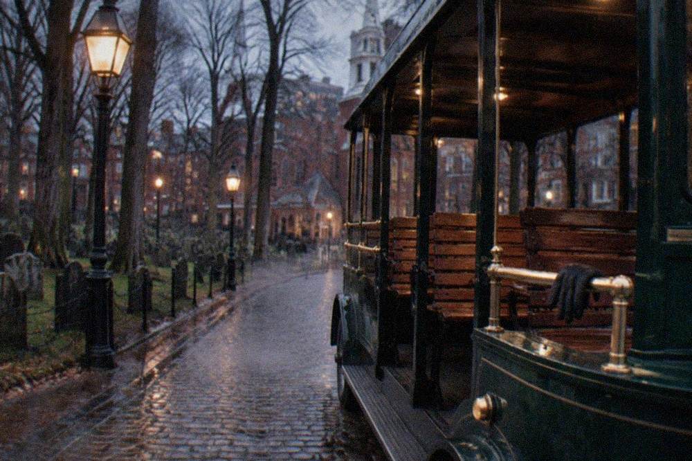 A dark green trolley with brass fixtures parked on a lamplit Boston street at dusk