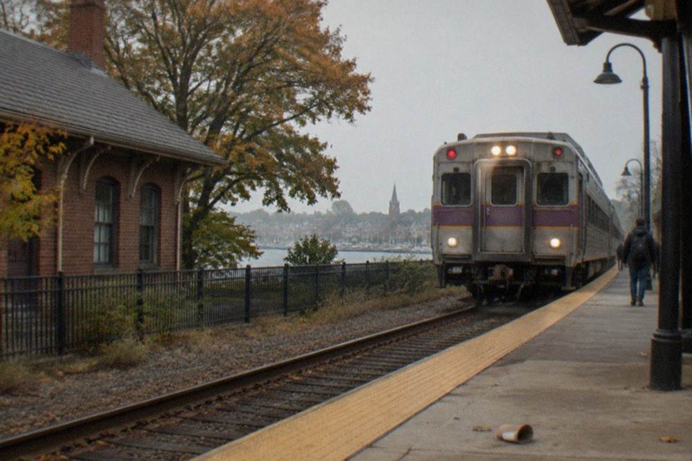A commuter rail train stopped at a small New England station platform in autumn light